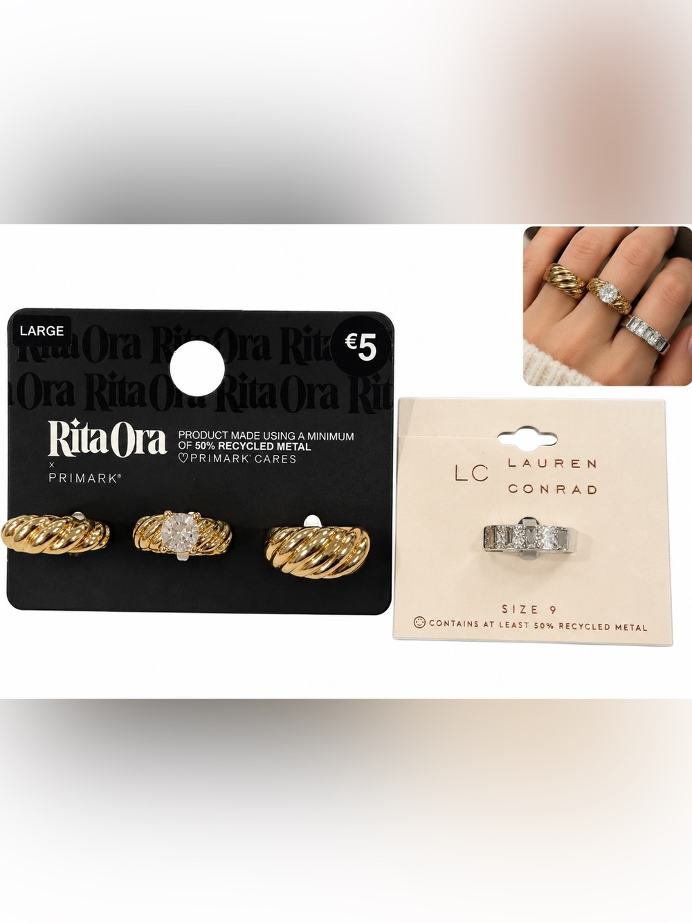 LC Lauren Conrad Primark Gold Ring Trio – Twisted Cubic Stone gold silver mixed